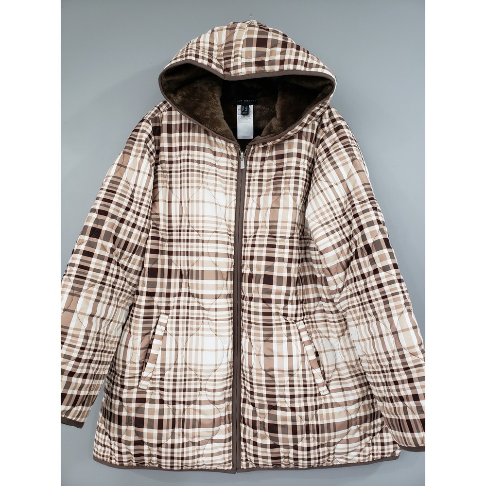 NWOT SUSAN GRAVE Reversible Quilted Woven Fleece Jacket TAUPE PLAID 1X Coat